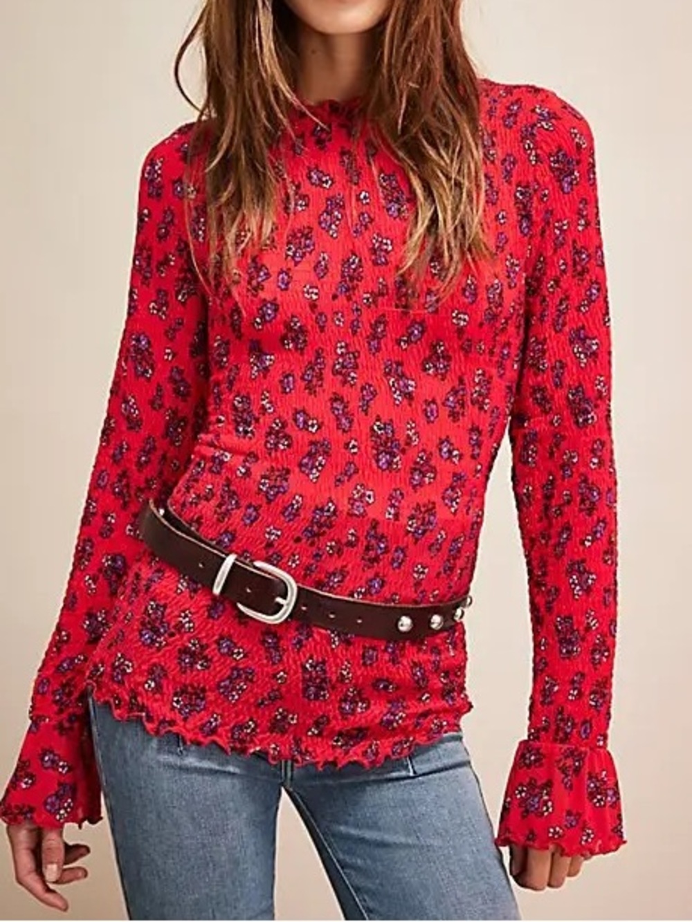 NWT Free People Medium River Red Floral Mesh Smocked Long Sleeve Top